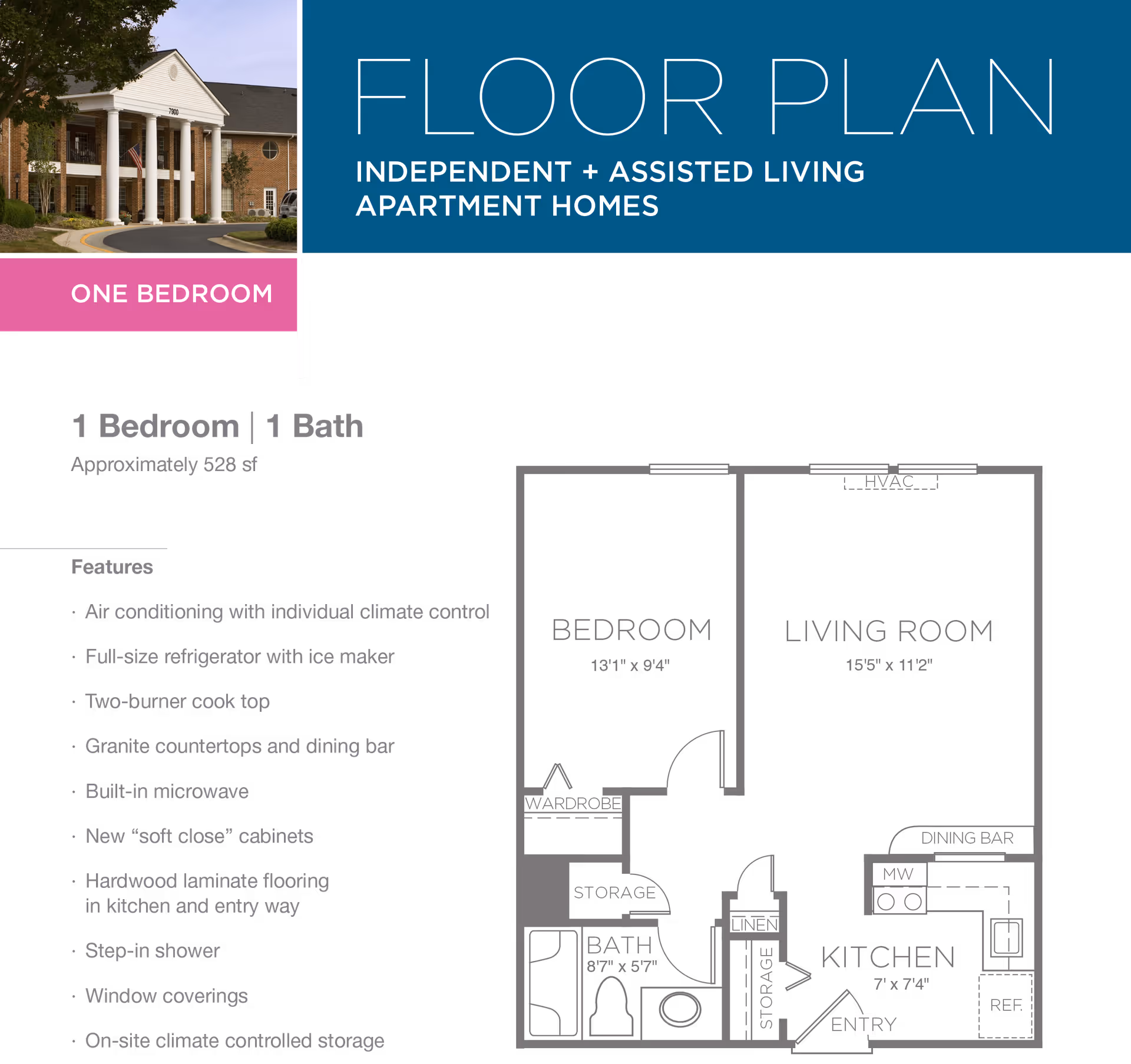 Graphic layout showing a one-bedroom, one-bath apartment floor plan and features list under a large 'FLOOR PLAN' header with a small exterior building photo.
