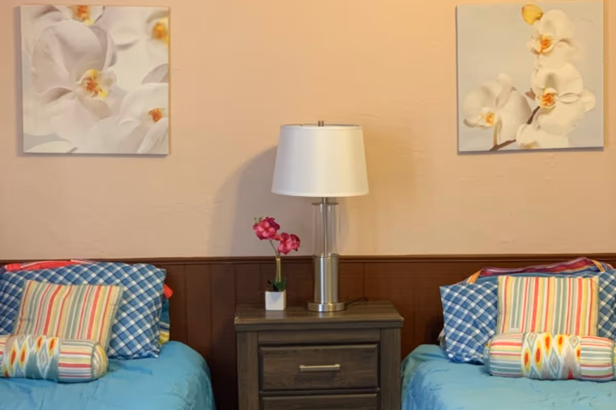 Two twin beds with colorful pillows flank a wooden nightstand holding a lamp and a small orchid, with floral wall art above.