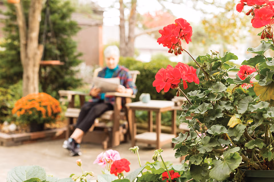 A senior woman sitting on a wooden chair outdoors, reading a newspaper. The foreground features vibrant red and pink flowers, with greenery and trees in the background, creating a peaceful garden setting.