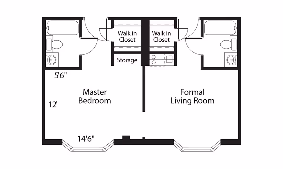 Black and white architectural floor plan showing a layout with a master bedroom measuring 14 feet 6 inches by 12 feet, a formal living room, two walk-in closets, two bathrooms, and a storage area in between the closets.