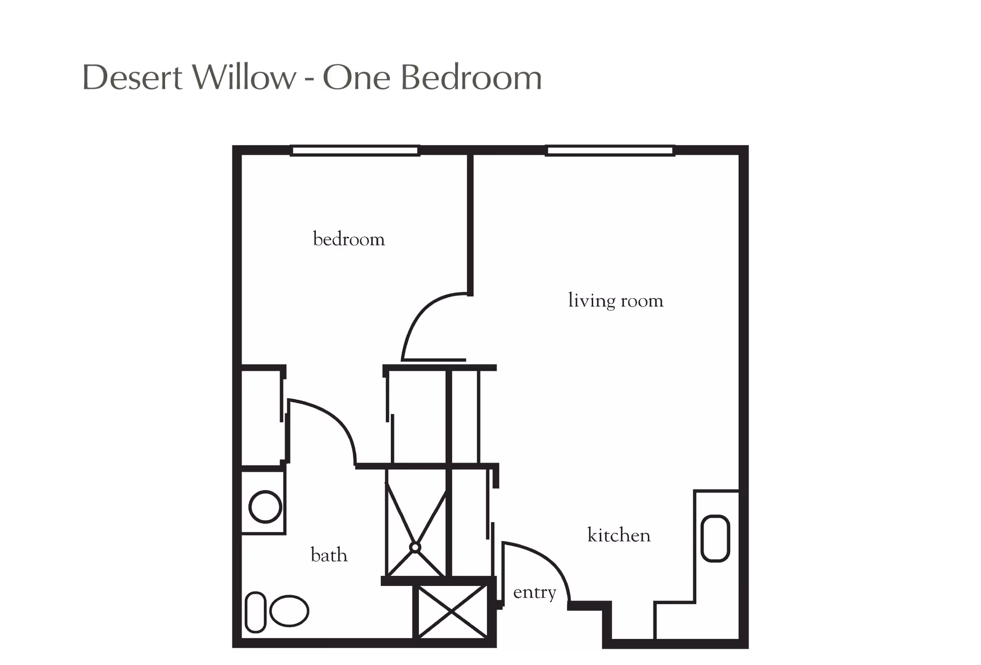 Floor plan layout of Desert Willow - One Bedroom unit showing bedroom, living room, kitchen, bath, and entry areas.