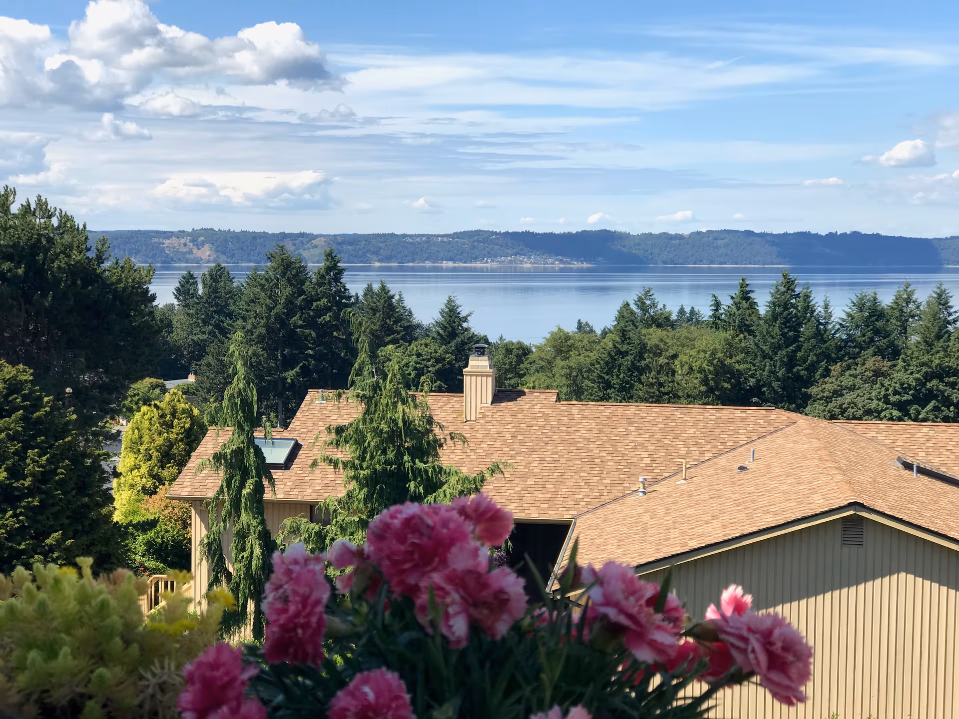 View of a residential building with a brown roof surrounded by green trees, overlooking a large body of water with hills in the distance under a partly cloudy sky. Pink flowers are visible in the foreground.