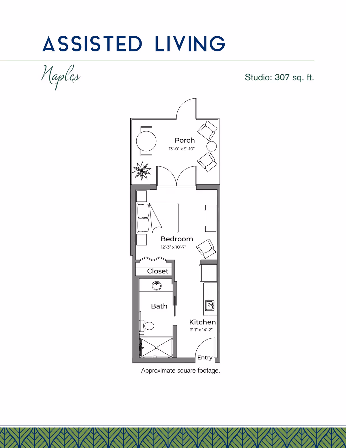 Floor plan of a studio assisted living unit named Naples at Renaissance North Tampa, showing a porch with seating, a bedroom with a bed and chairs, a closet, a bathroom with a shower, toilet, and sink, and a kitchen area near the entry. The total area is approximately 307 square feet.