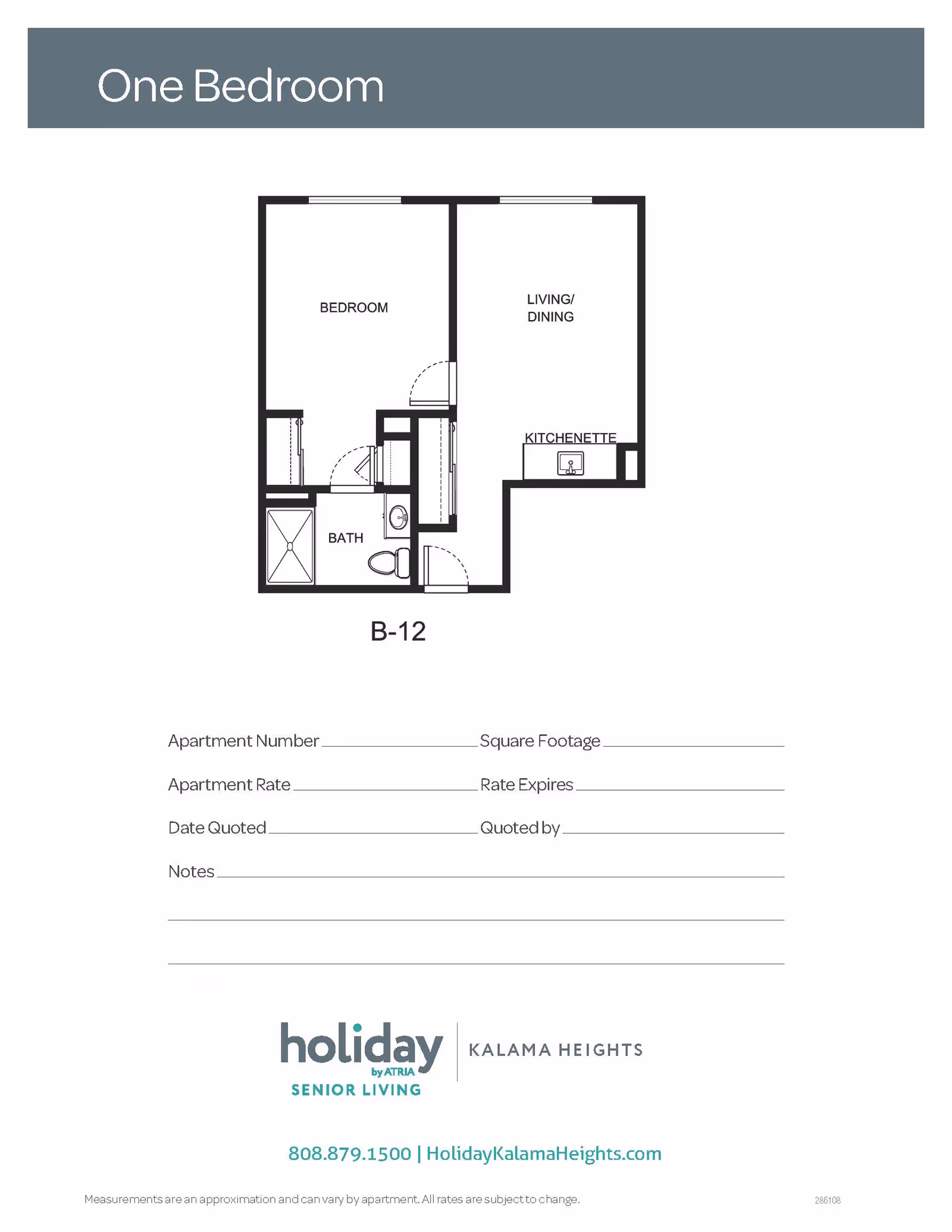 Floor plan layout of a one-bedroom apartment at Holiday Kalama Heights, showing a bedroom, bathroom, living/dining area, and kitchenette.