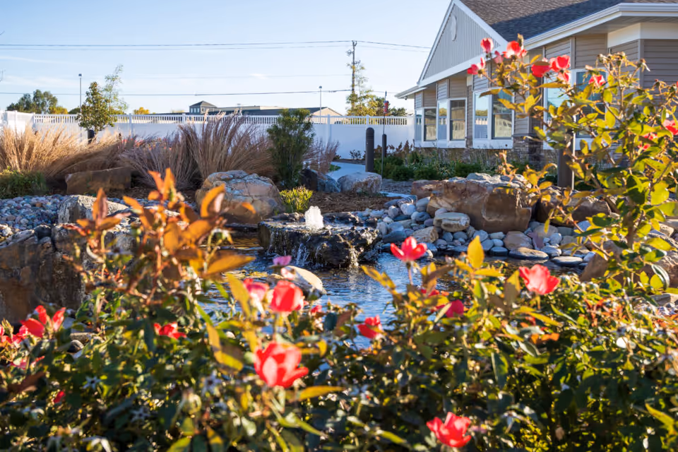 Outdoor garden area with blooming red flowers in the foreground, a small water fountain surrounded by rocks and plants, and a building with large windows in the background under a clear sky.