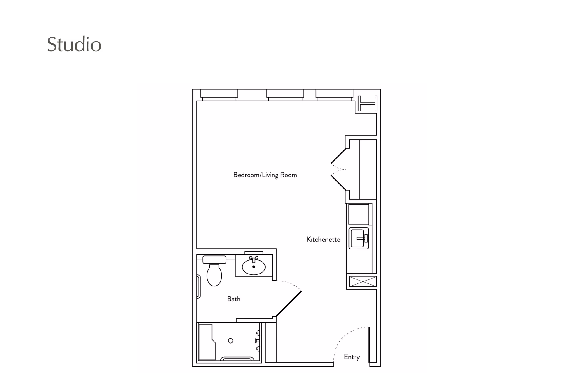 Floor plan of a studio apartment at Atria Park of Pacific Palisades showing a combined bedroom and living room area, a kitchenette, a bathroom with a toilet, sink, and shower, and an entryway.