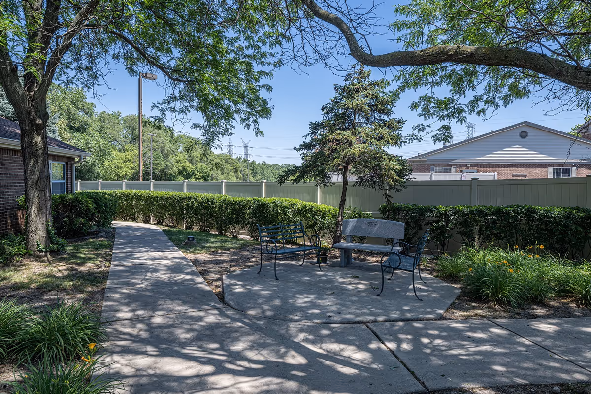 Shaded outdoor courtyard with a paved walkway, metal benches, trees, and hedges beside a building.
