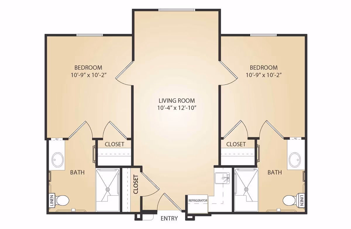 Floor plan of an assisted living unit at Landing at Watercrest Shadow Creek Ranch showing two bedrooms each measuring 10'-9" x 10'-2", two bathrooms with linen closets, a central living room measuring 10'-4" x 12'-10", closets, an entry, and a small kitchen area with a refrigerator and sink.