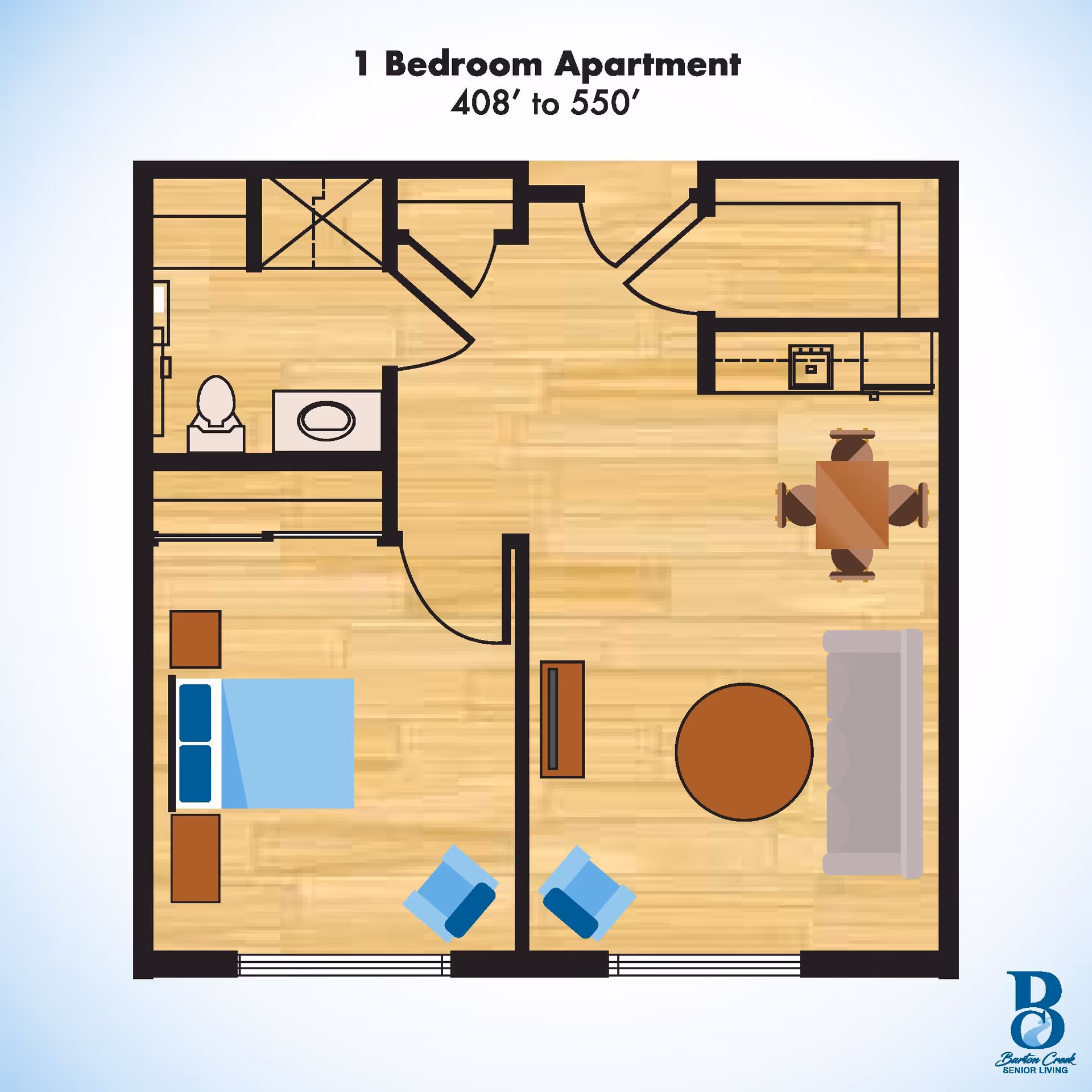 Floor plan of a 1 bedroom apartment ranging from 408 to 550 square feet, showing a bedroom with a bed and two nightstands, a bathroom with a toilet and sink, a kitchen area with appliances, a dining table with four chairs, a living room with a sofa, coffee table, and two chairs.