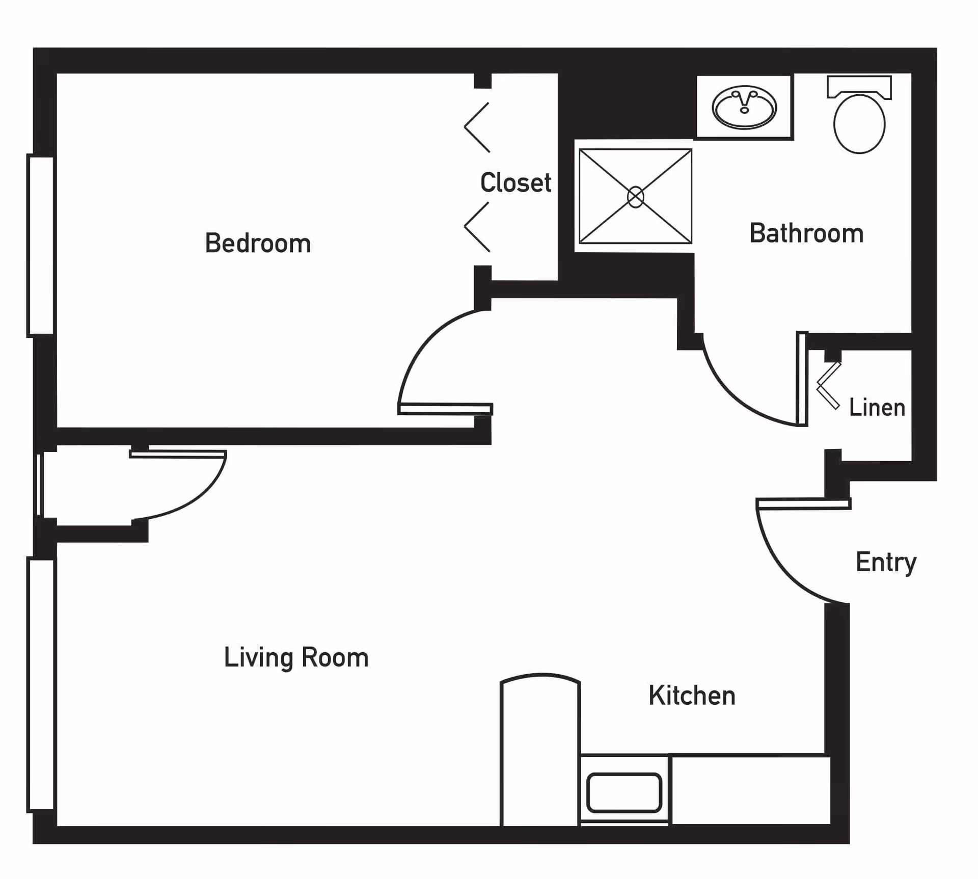Floor plan of a one-bedroom apartment at Prairie Green at Dixie Crossing, showing a bedroom with a closet, a bathroom with a sink, toilet, and shower, a living room, a kitchen, an entry area, and a linen closet.