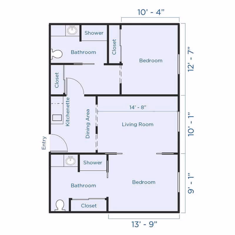 Floor plan of a senior living apartment at Carlton Senior Living Sacramento Atrium Building showing two bedrooms, two bathrooms with showers, closets, a kitchenette, dining area, and living room with dimensions.