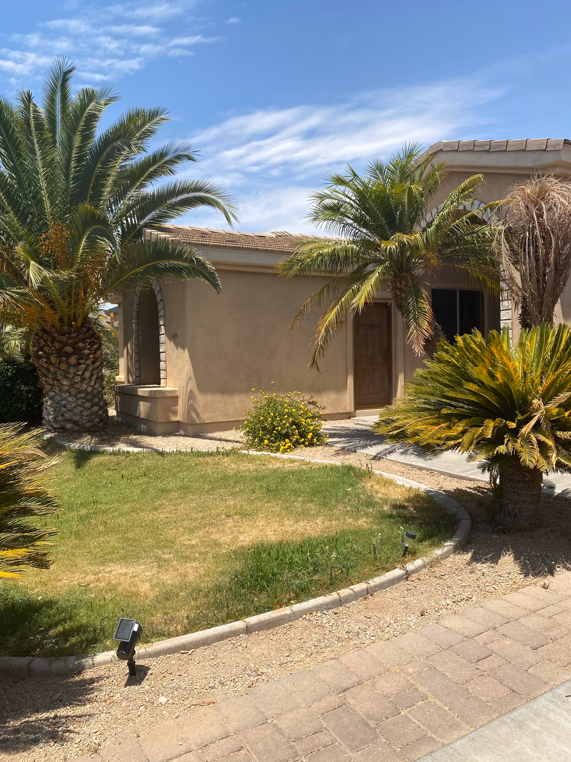 Exterior view of a single-story building with a beige stucco finish and a tiled roof, surrounded by palm trees and green shrubs under a partly cloudy blue sky. There is a small curved lawn area bordered by a stone pathway and gravel.