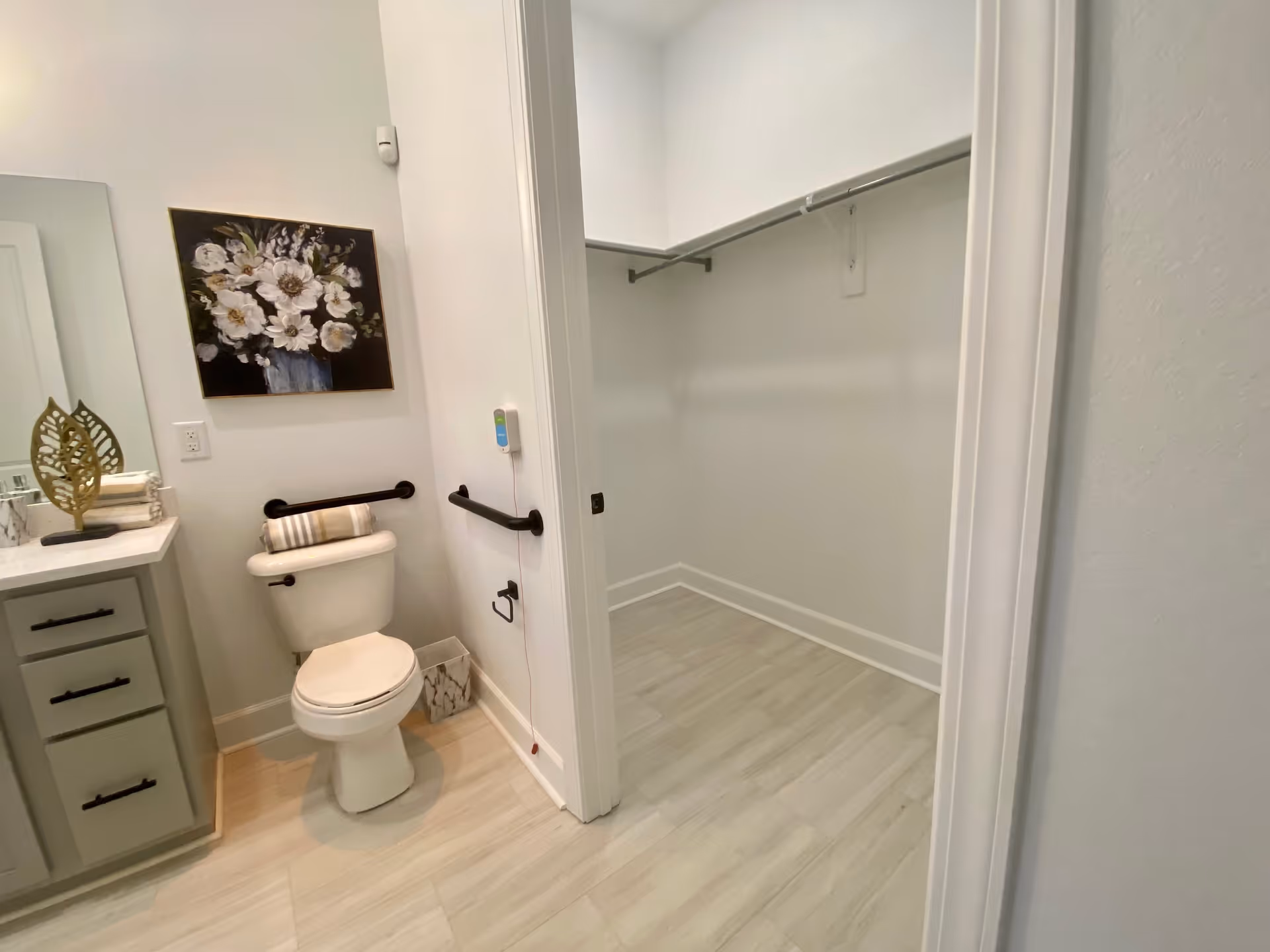 A bathroom with a white toilet that has a striped towel on the tank, black grab bars on the wall, a small trash bin on the floor, and a vanity with drawers and a mirror. Next to the bathroom is an empty walk-in closet with a hanging rod and light-colored wood flooring. A floral painting hangs on the bathroom wall.