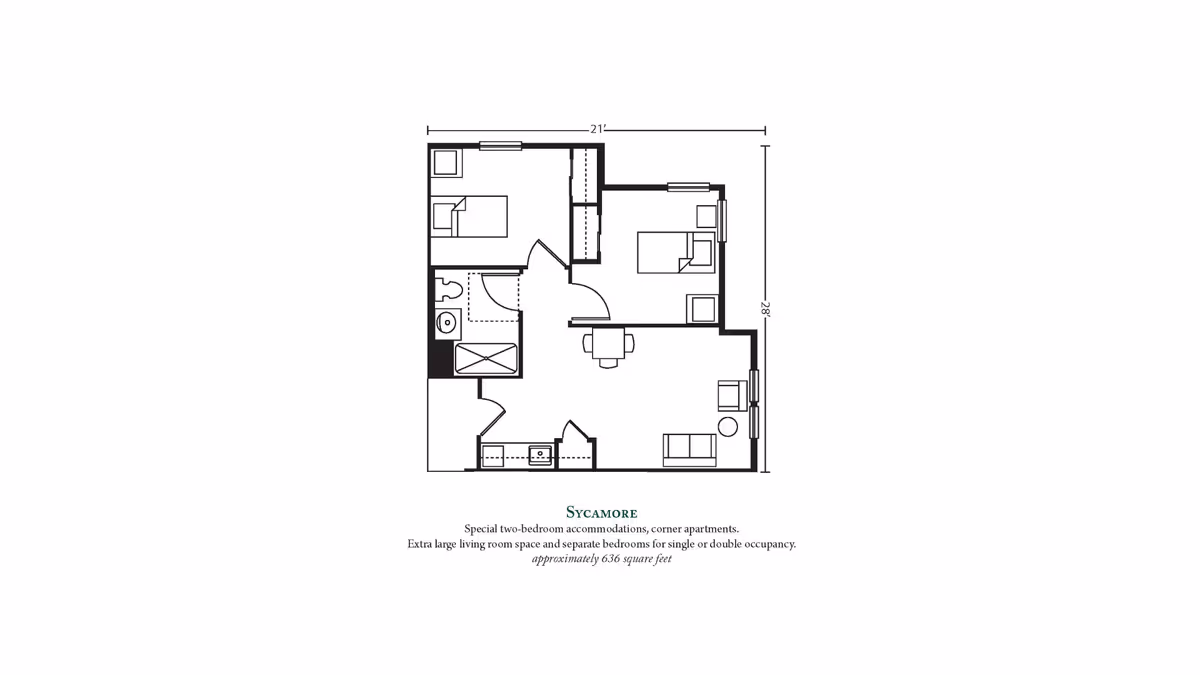 Architectural floor plan of the Sycamore unit at Brandywine The Sycamore by Monarch, showing a two-bedroom corner apartment with an extra large living room, separate bedrooms, a bathroom, and a kitchen area. The layout includes dimensions of 21 feet by 28 feet and approximately 636 square feet of space.