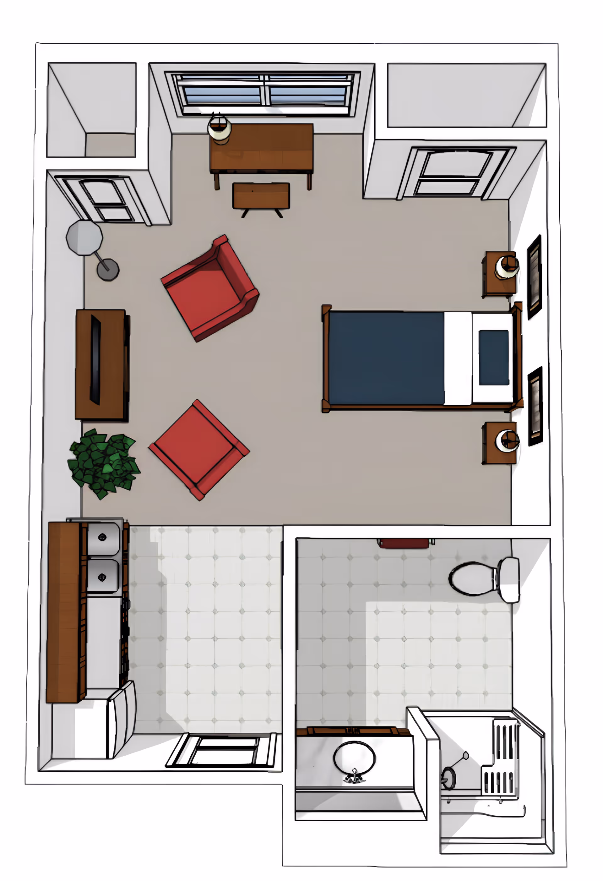 Top-down view of a senior living facility apartment layout featuring a bedroom with a bed, two red armchairs, a TV on a stand, a desk with a chair near a window, and two nightstands with lamps. Adjacent to the bedroom is a kitchen area with a sink, stove, and refrigerator. Next to the kitchen is a bathroom with a toilet, sink, and shower.