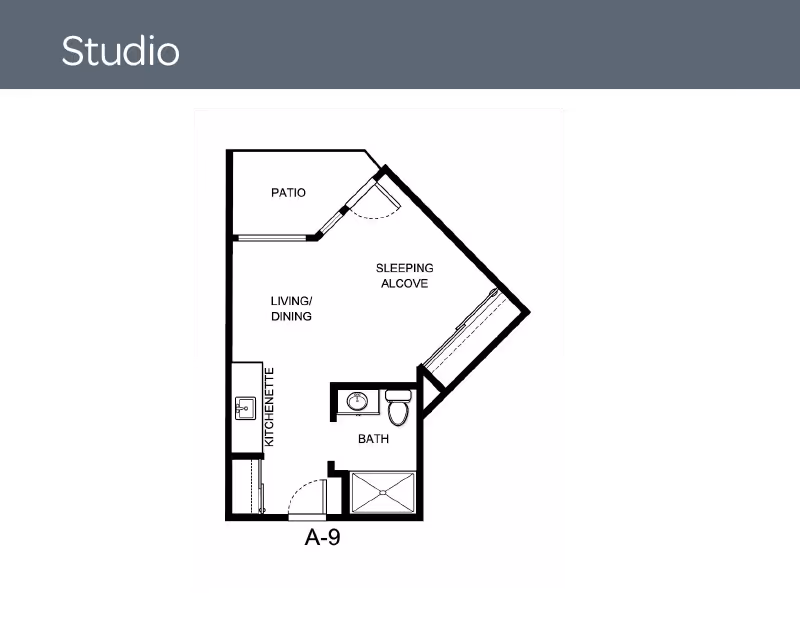 Black-and-white floor plan of a studio apartment labeled A-9 showing a living/dining area, kitchenette, sleeping alcove, bath, and patio.