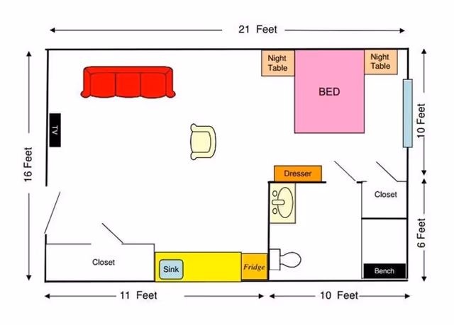 Floor plan of a senior living facility room at The Haven at Columbus showing a layout with a bed, two night tables, a dresser, a closet with a bench, a bathroom with a sink and toilet, a kitchen area with a sink and fridge, a living area with a red couch, a chair, and a TV. Dimensions of the room and sections are marked in feet.