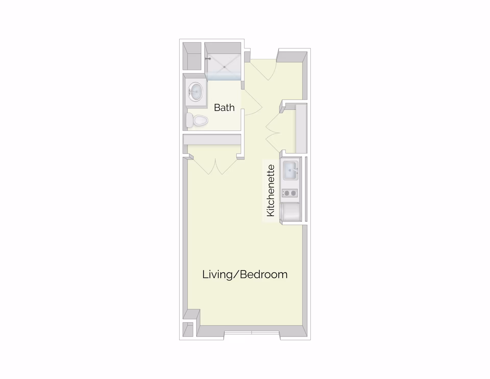 Floor plan of a small studio apartment at The Residence at Brookside, showing a combined living and bedroom area, a kitchenette with a sink and stove, and a bathroom with a shower, sink, and toilet.