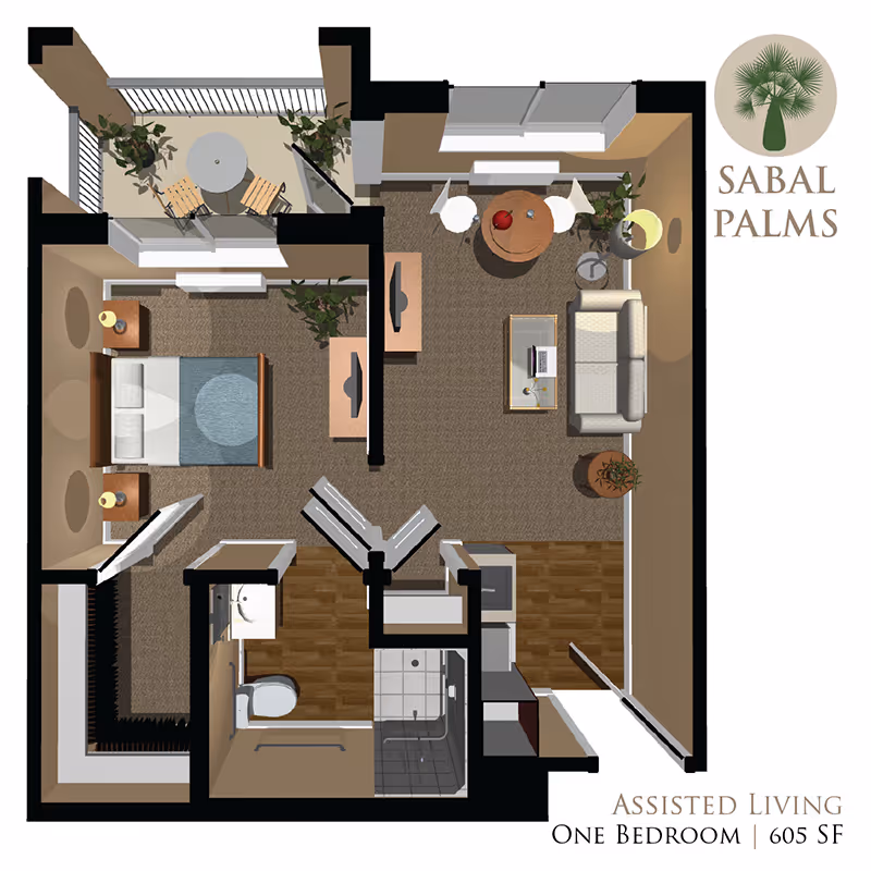 Floor plan of a one-bedroom assisted living apartment featuring a bedroom with a bed and nightstands, a living room with a sofa, coffee table, and TV, a bathroom with a shower and toilet, a kitchen area, and a balcony with a table and chairs. The layout includes labeled areas and decorative plants.