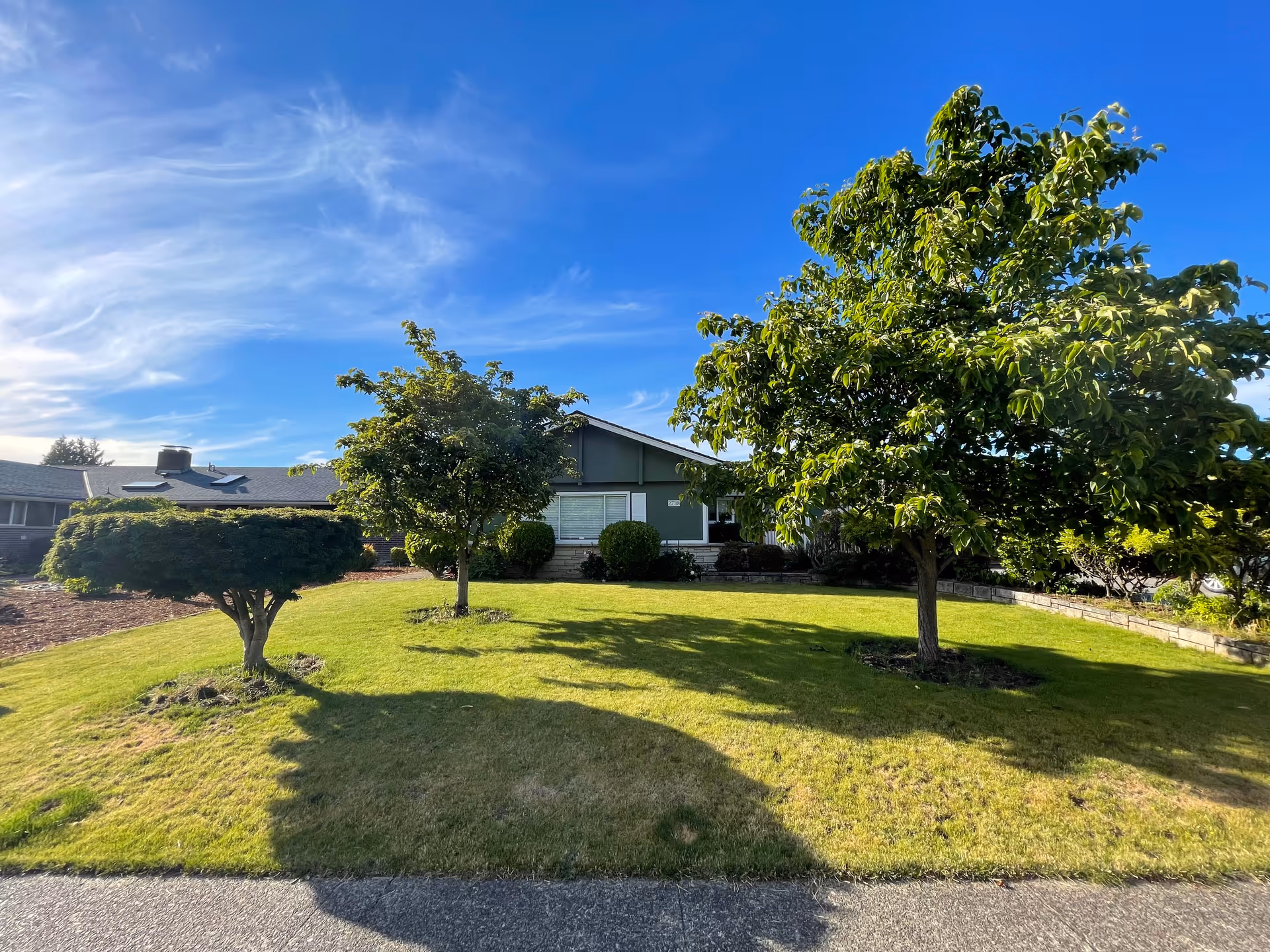 Front yard of a single-story house with a well-maintained lawn, three trees, and a clear blue sky with wispy clouds.