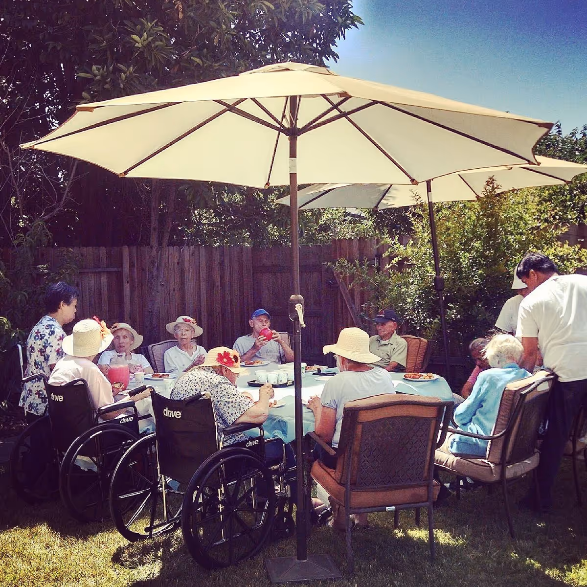A group of elderly people sitting around a table outdoors under large beige umbrellas. Some are in wheelchairs, and they appear to be enjoying a meal or refreshments in a garden setting with trees and a wooden fence in the background.