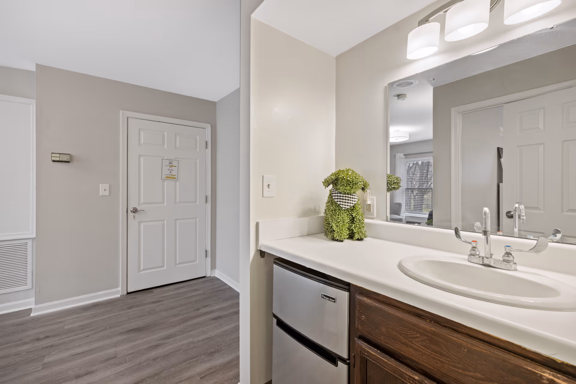 Interior view of a room in Seaton Towson facility showing a white countertop with a sink and faucet, a small stainless steel mini fridge underneath, and a decorative green plant shaped like a dog wearing a checkered scarf. A large mirror is mounted above the countertop reflecting part of the room with a window and curtains. The room has light-colored walls, wood flooring, and a white door with a sign on it.