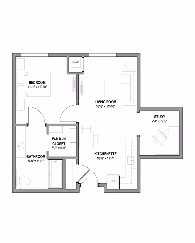 Black-and-white floor plan of a one-bedroom apartment showing a bedroom, bathroom, walk-in closet, living room, kitchenette, and a small study.