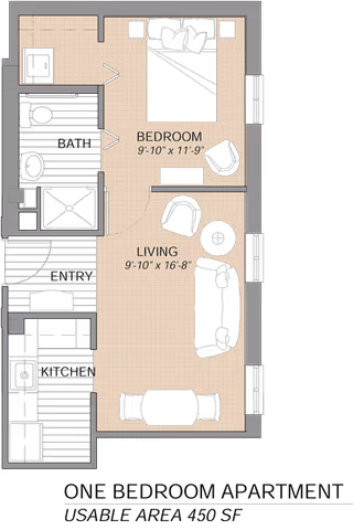 Floor plan of a one-bedroom apartment showing labeled areas including bedroom, living room, kitchen, bath, and entry. The bedroom contains a bed and chair, the living room has a sofa, two chairs, and a table, the kitchen has a sink and appliances, and the bath includes a toilet, sink, and shower. The total usable area is 450 square feet.