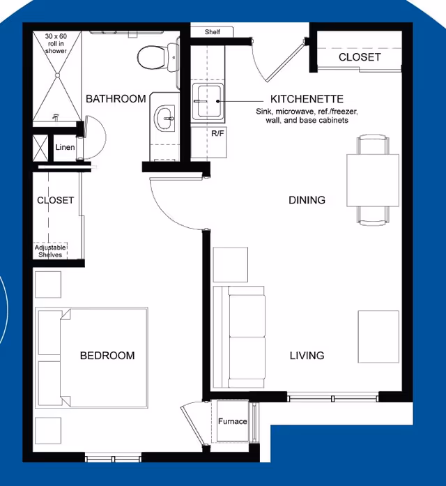 Black-and-white floor plan of a one-bedroom apartment showing labeled bedroom, bathroom, kitchenette, dining and living areas, closets, and a furnace.