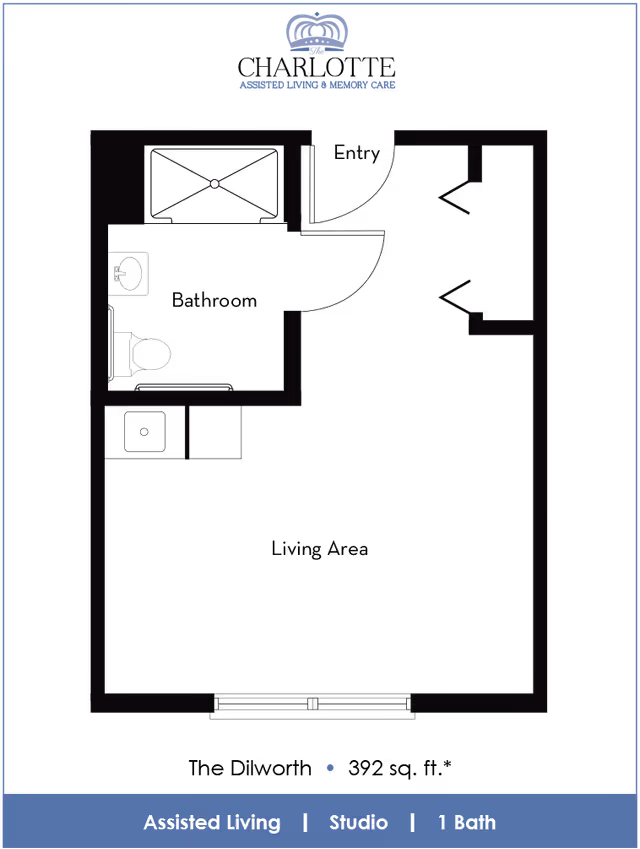 Floor plan of a studio assisted living apartment at The Charlotte, showing a main living area, a bathroom with a toilet and sink, a closet, and an entry door.