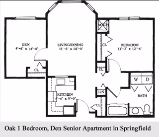 Black and white floor plan of an Oak 1 Bedroom, Den Senior Apartment in Springfield showing a den, living/dining area, kitchen, bedroom, bathroom, closets, and laundry area with washer and dryer.