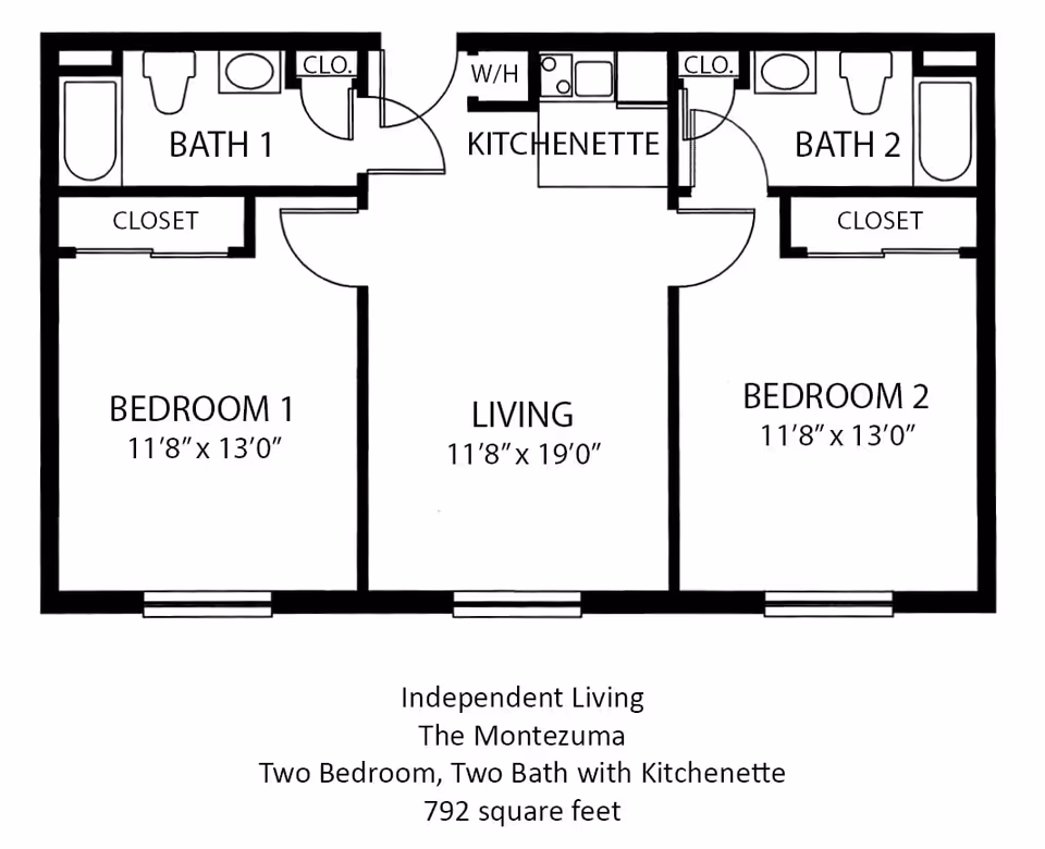 Floor plan of an independent living unit named The Montezuma at Cottonwood Village, showing two bedrooms, two bathrooms, a living area, and a kitchenette. The bedrooms measure 11 feet 8 inches by 13 feet, the living area is 11 feet 8 inches by 19 feet, and the total area is 792 square feet.