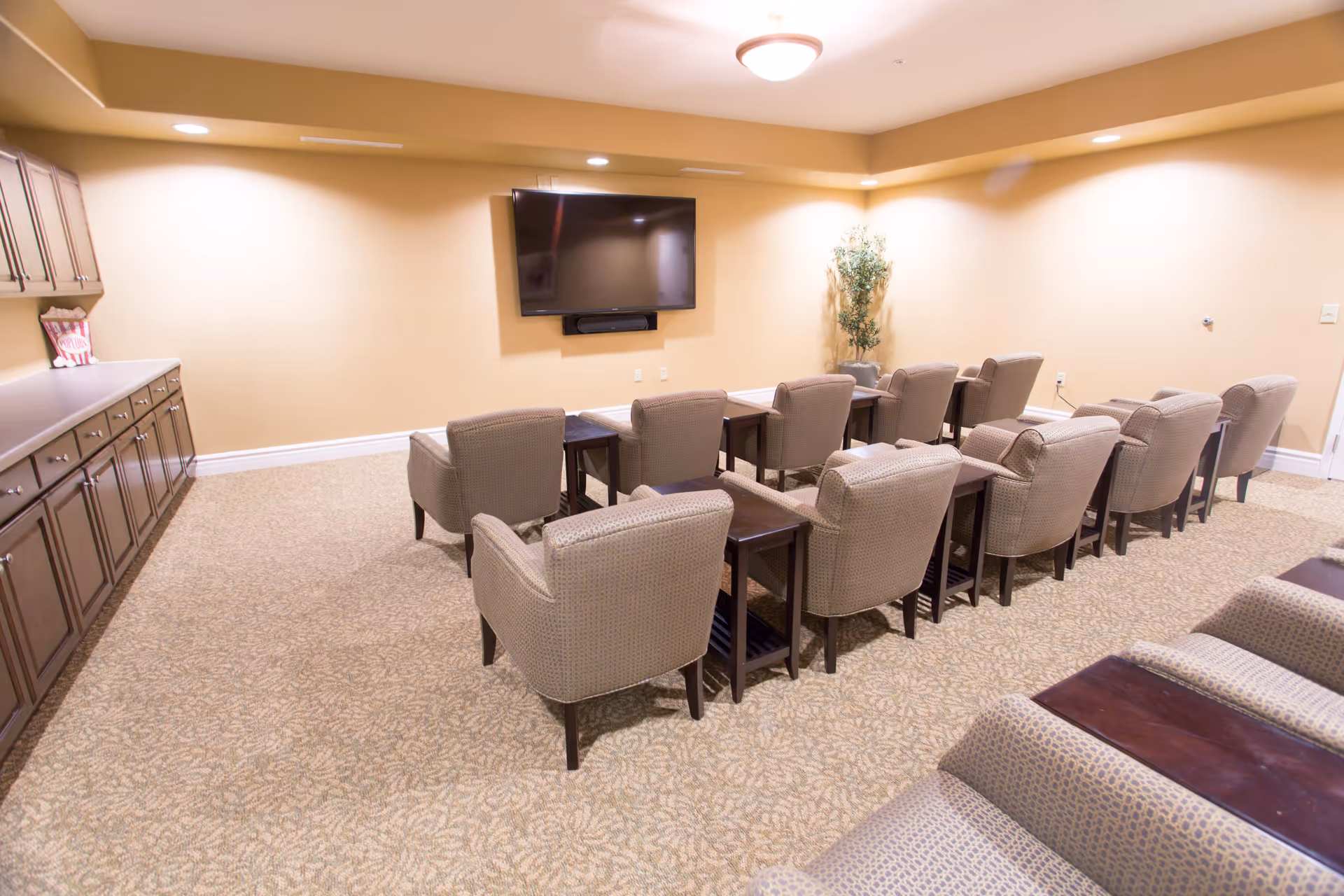 A cozy common room with two rows of beige upholstered armchairs facing a wall-mounted flat screen TV. Each chair has a small wooden side table next to it. The room has beige walls, carpeted floor with a subtle pattern, a ceiling light fixture, and a long wooden cabinet along one wall. A potted plant is placed in the corner near the TV.