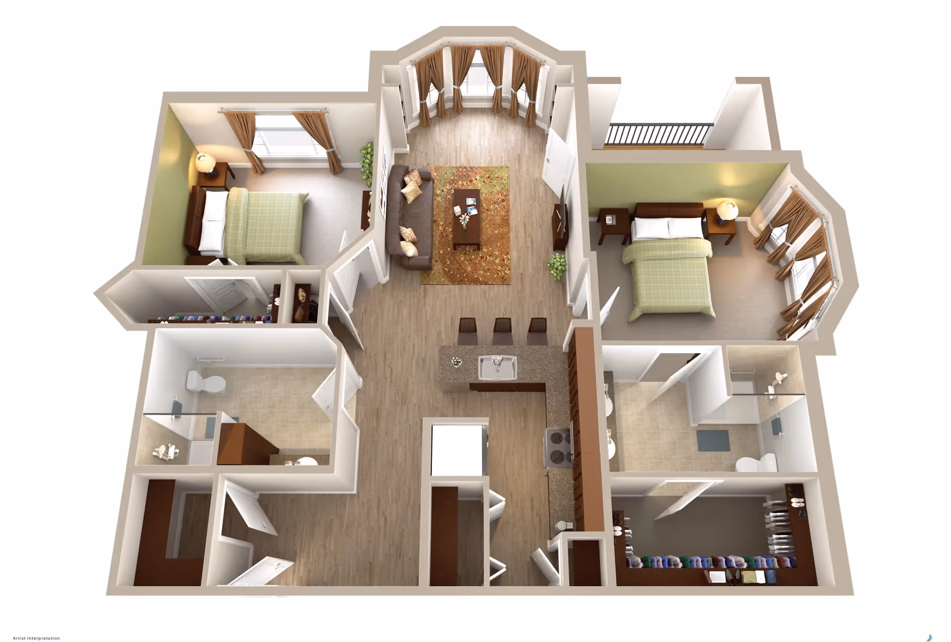 3D floor plan of a senior living apartment featuring two bedrooms with beds and nightstands, two bathrooms with showers and toilets, a kitchen with an island and three stools, and a living room with a sofa, coffee table, and TV. The apartment has wood flooring in the living and kitchen areas and carpet in the bedrooms. There are multiple windows with curtains and a small balcony accessible from one bedroom.