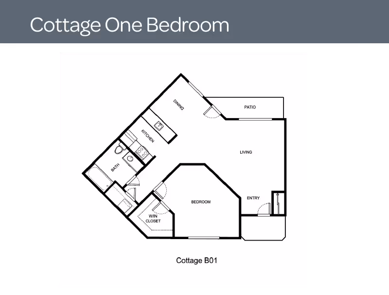 Black-and-white floor plan titled 'Cottage One Bedroom' showing a one-bedroom layout with bedroom, walk-in closet, bathroom, kitchen, dining area, living room, patio, and entry.