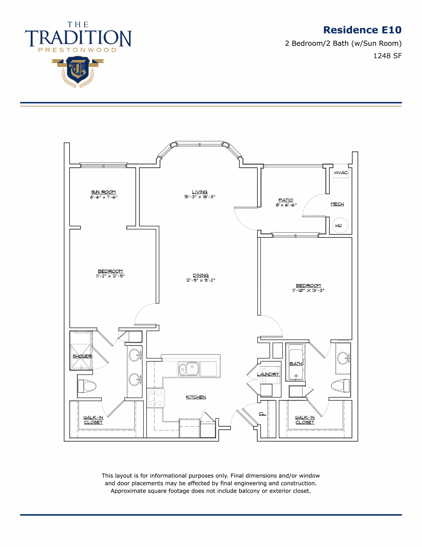 Floor plan layout of Residence E10 at The Tradition–Prestonwood showing a 2 bedroom, 2 bath apartment with a sun room, living room, dining area, kitchen, patio, laundry, and walk-in closets. Dimensions for each room are included.