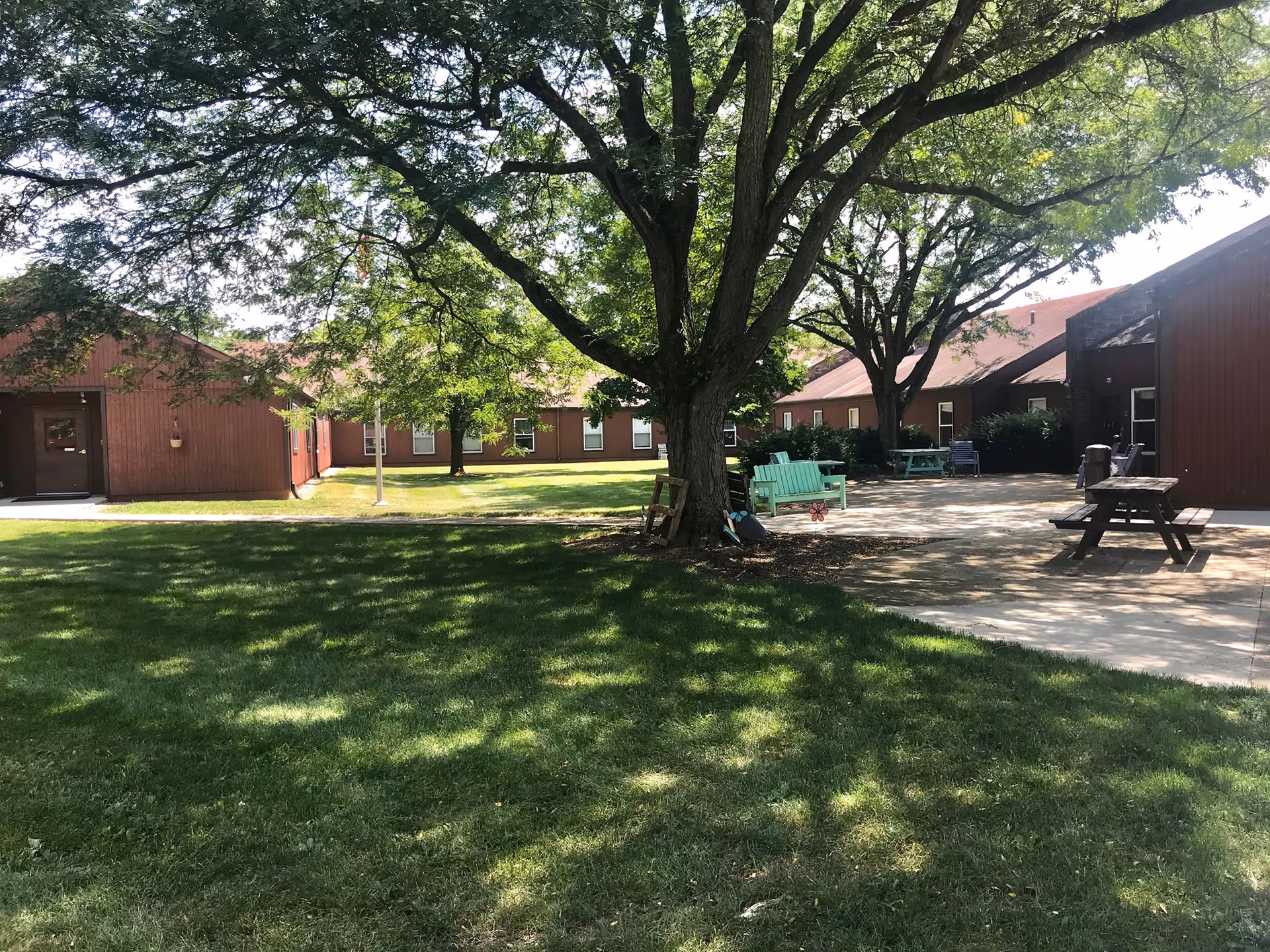 Outdoor courtyard area at Spring Meadows Nursing and Rehab featuring large trees providing shade, green grass, wooden benches, picnic tables, and red buildings surrounding the space.