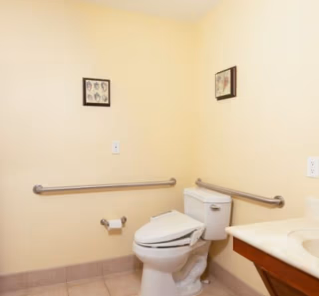 A clean bathroom with beige walls and tiled floor featuring a white toilet with safety grab bars on the walls beside and behind it. There is a toilet paper holder mounted on the wall and two framed pictures hanging above the grab bars. A portion of a sink with a countertop is visible on the right side.