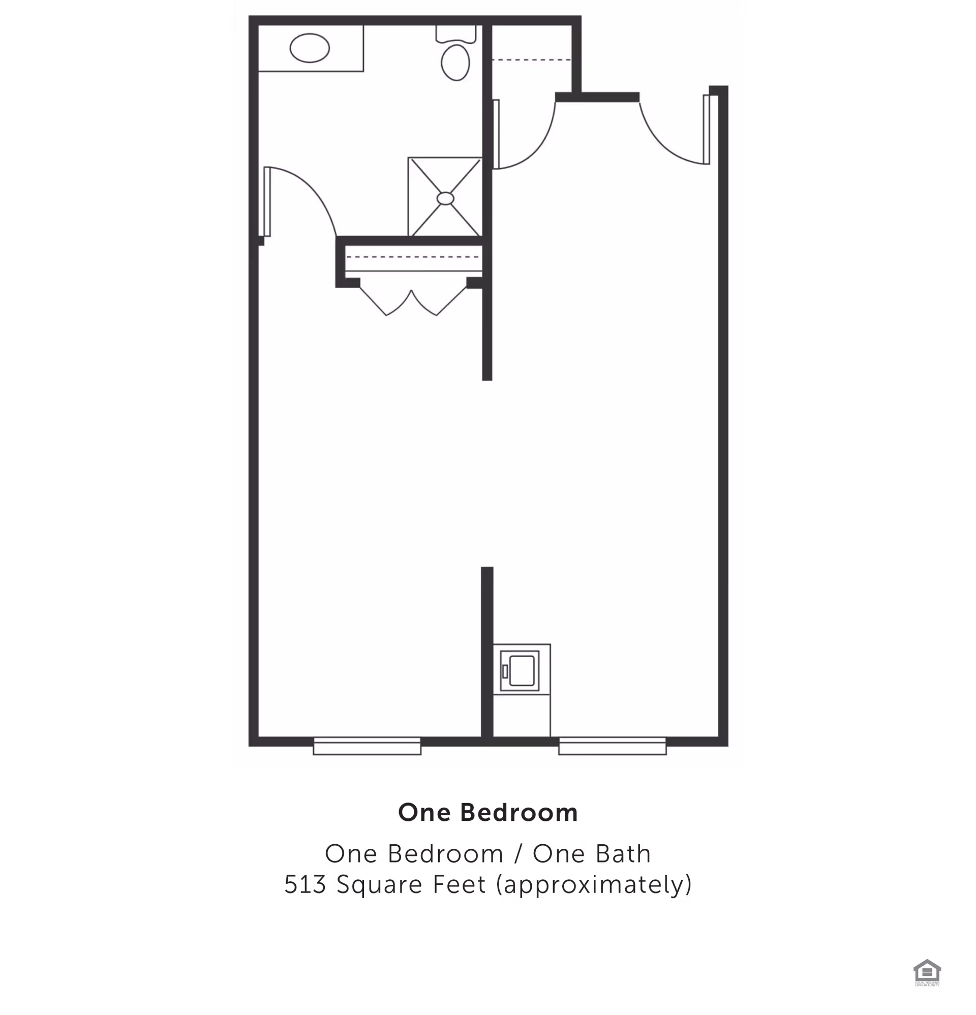 Floor plan of a one-bedroom, one-bath apartment with approximately 513 square feet. The layout includes a bathroom with a toilet, sink, and shower, a closet, and an open living area with a small kitchen section.
