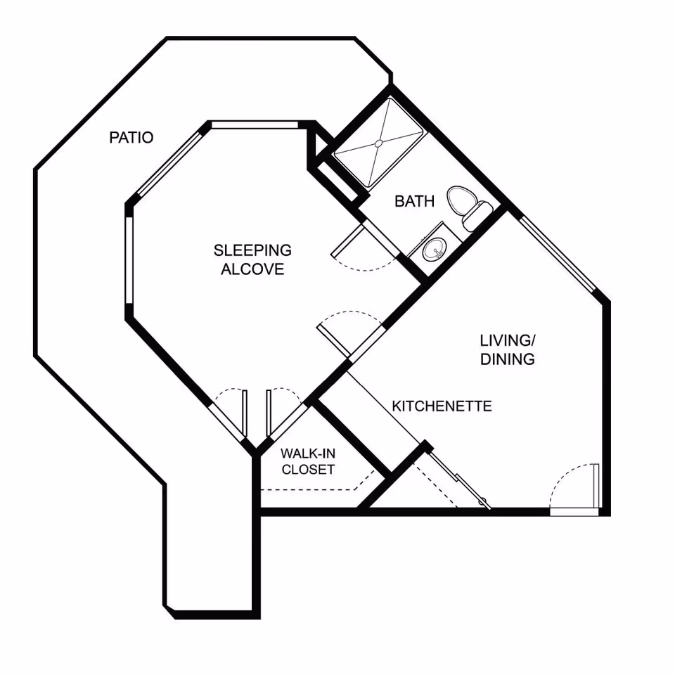 Architectural floor plan of a senior independent living unit at Helena Pointe Senior Independent Living (Holiday Hunters Pointe) showing a sleeping alcove, bath, living/dining area, kitchenette, walk-in closet, and patio.