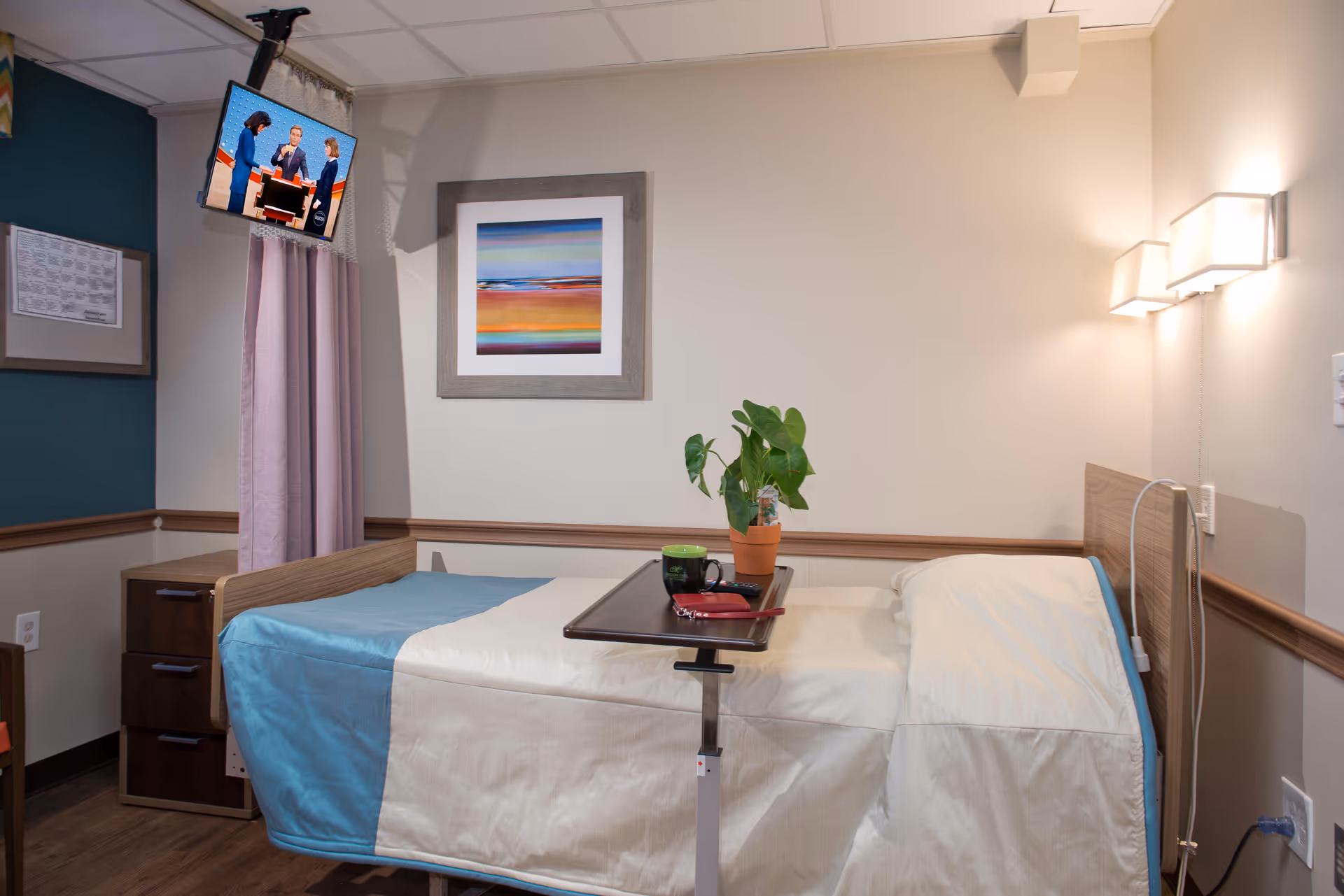 A neatly made hospital-style bed with a blue and white blanket in a healthcare facility room. A small overbed table holds a potted plant, a cup, and a pair of glasses. A flat-screen TV is mounted on the wall near the ceiling, showing a news program. The room has soft lighting, a framed abstract painting on the wall, and a privacy curtain partially drawn beside the bed.