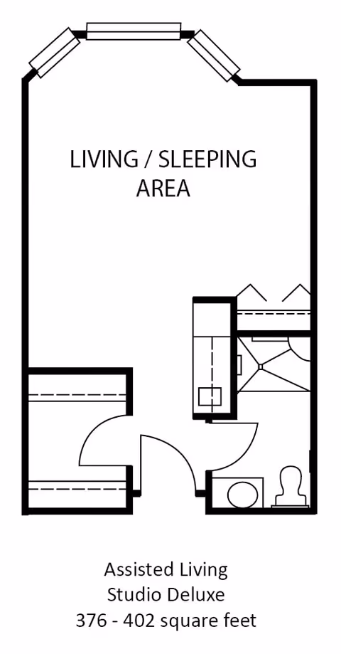 Floor plan of an assisted living studio deluxe apartment at Crown Pointe, showing a living/sleeping area, a bathroom with toilet and sink, and a small closet or storage space. The total area is between 376 and 402 square feet.