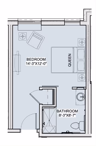 Architectural floor plan of a living space labeled 'The Barclay at Charlottesville' showing a bedroom measuring 14 feet 3 inches by 12 feet with a queen bed, two nightstands, a chair, and a dresser. Attached is a bathroom measuring 8 feet 3 inches by 8 feet 7 inches with a shower, toilet, and sink.