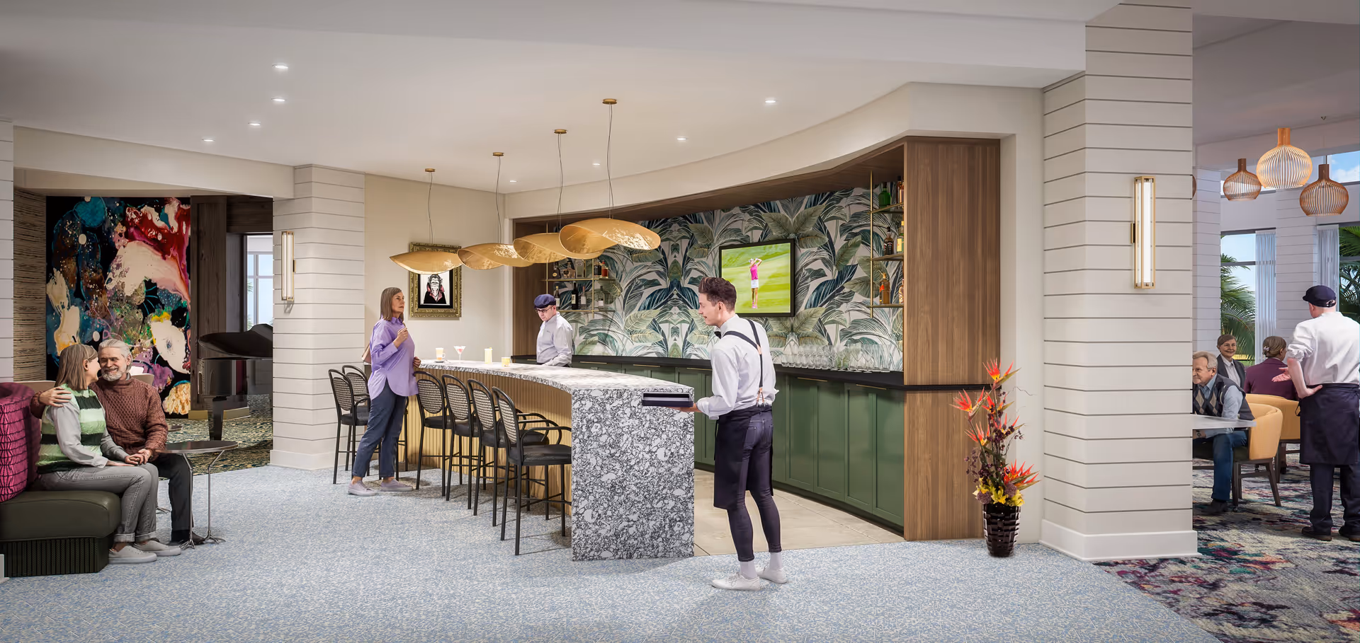 Open indoor seating area featuring a curved bar with stools, staff serving guests, and lounge seating with decorative wall art.