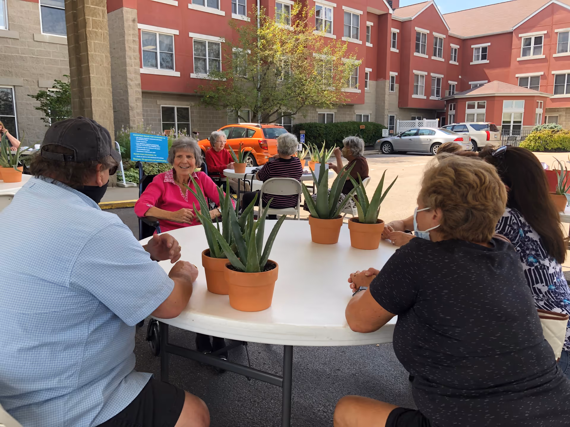 A group of elderly people sitting around white circular tables outdoors in front of a red and beige building. The tables have potted aloe vera plants on them. Some people are wearing masks and engaging in conversation.