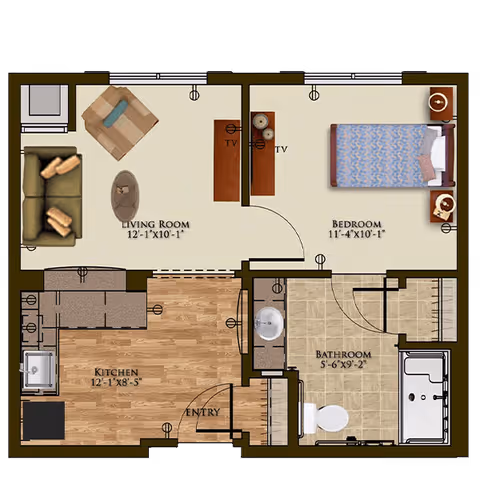 Floor plan of a senior living facility apartment at Harmony at West Ashley showing a living room with sofa and chair, a bedroom with a bed and nightstands, a kitchen with appliances and cabinets, an entry area, and a bathroom with a toilet, sink, and shower.