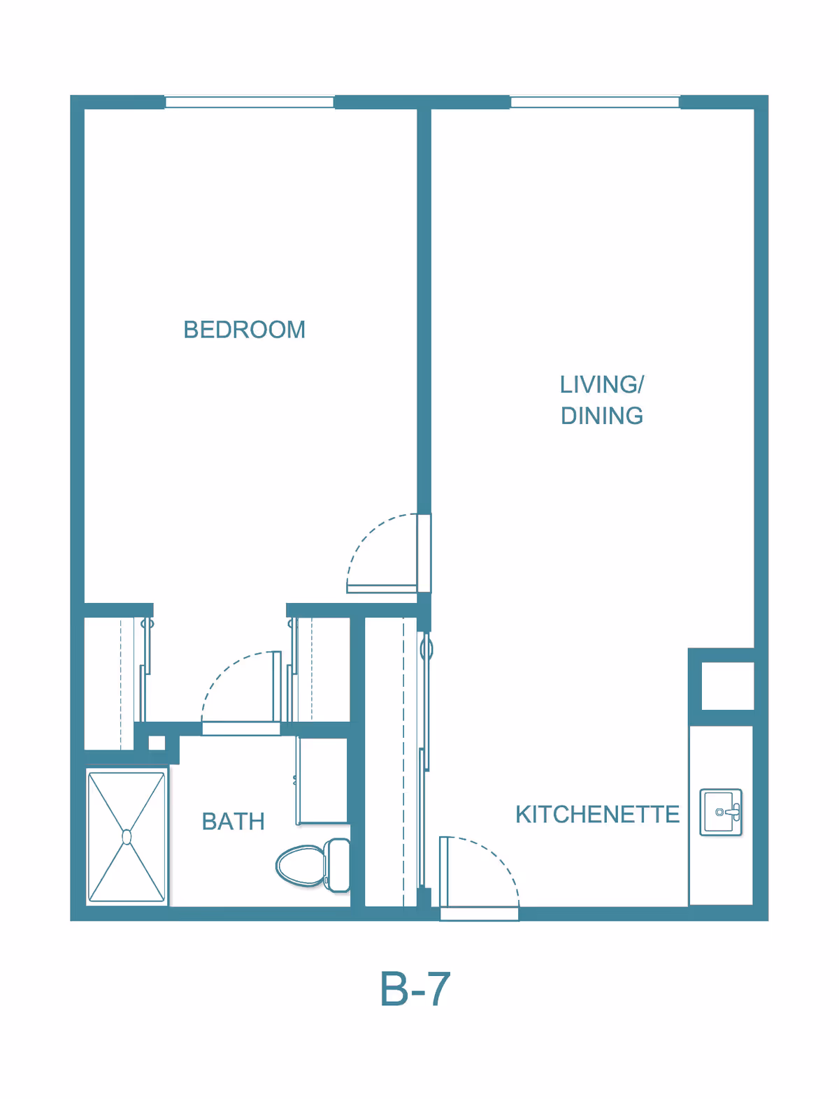 Floor plan labeled B-7 showing a layout with a bedroom, bath, living/dining area, and kitchenette. The bedroom and living/dining area are separated by a wall with a door. The bath includes a shower and toilet. The kitchenette has a sink and counter space.