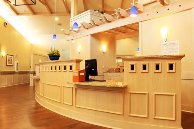 Bright lobby with a curved wooden reception desk, pendant lights, and a high beamed ceiling.
