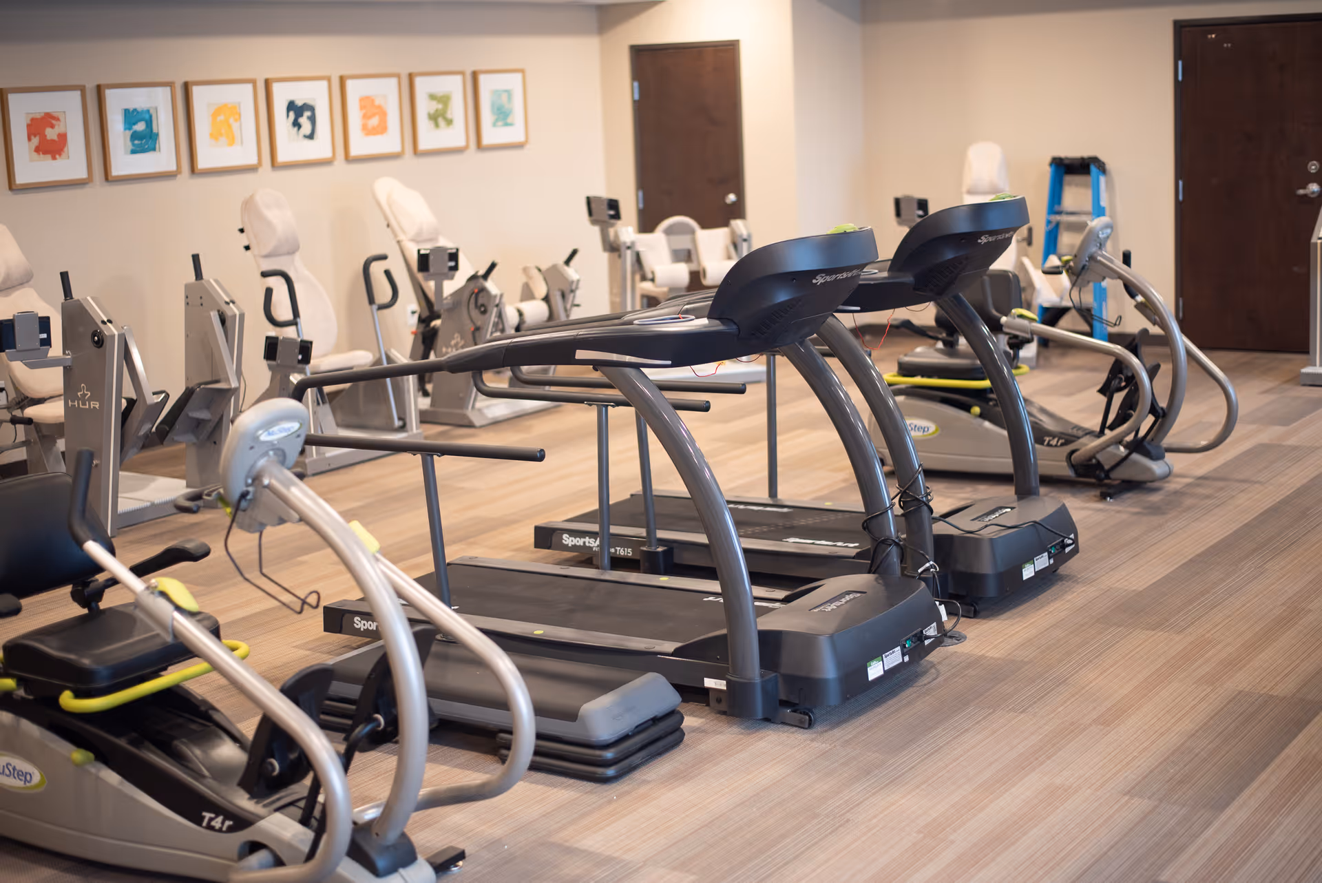 A fitness room with exercise equipment including two treadmills, several recumbent bikes, and other cardio machines. The room has light wood flooring, beige walls, and framed colorful abstract artwork on the wall. There are two closed wooden doors and a blue step ladder in the background.