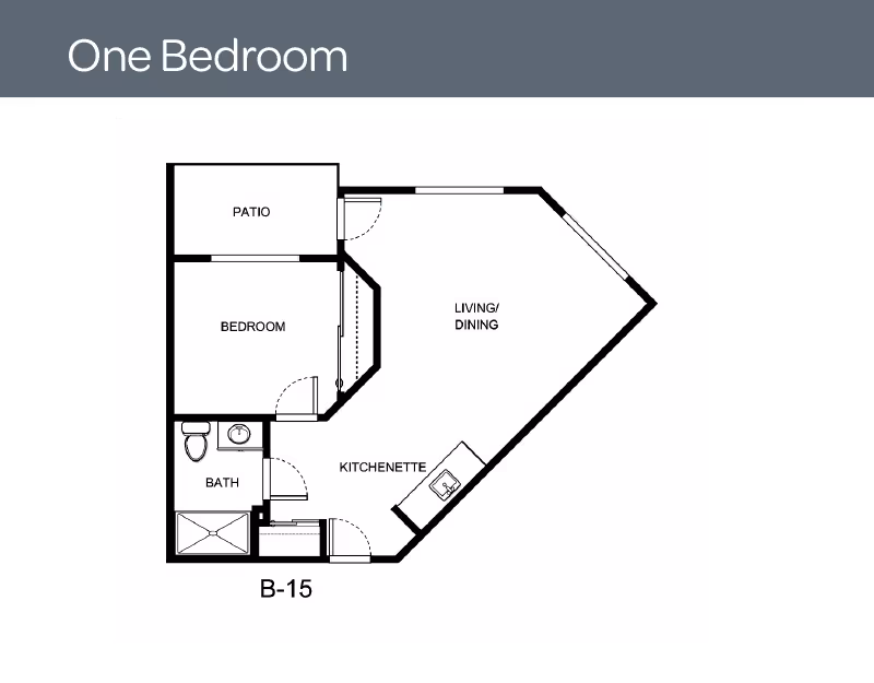 Black-and-white floor plan titled 'One Bedroom' for unit B-15 showing a patio, bedroom, bath, kitchenette, and combined living/dining area.